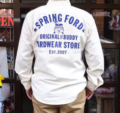 BUDDY オリジナル ★SPRINGFORD★ バックプリント シャンブレーワークシャツ オフホワイト
