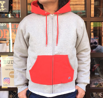 BUDDY 別注 RUSSELL ATHLETIC　2TONE フルジップパーカー（裏キルティング）RED