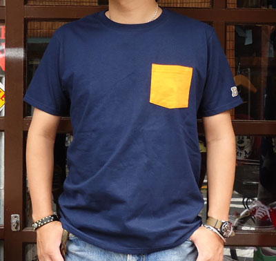 BUDDY 別注 FRUIT OF THE LOOM 2TONEポケット付きTシャツ ネイビー×オレンジ