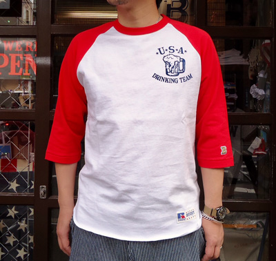 BUDDY 別注 RUSSELL ベースボールTシャツ（U.S.A.DRINKING TEAM）